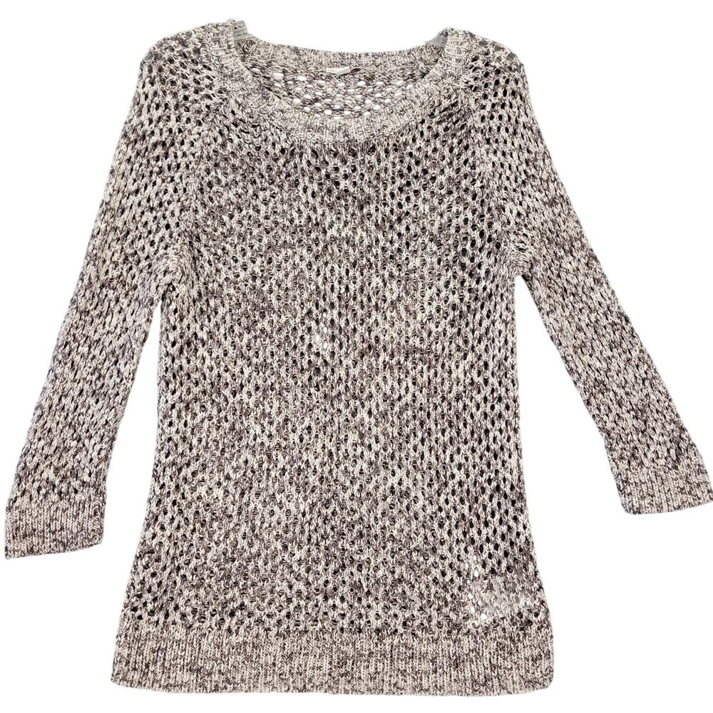 Gap Brown Open Knit Sweater Multicolor Weave 3/4 Sleeve Scoop Neck Women Size L